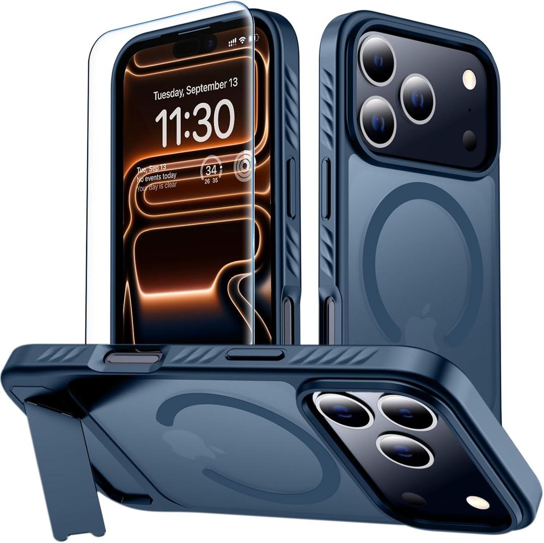 MOZOTER for iPhone 17 Pro Case with Kickstand,[Compatible with MagSafe] [12FT Military Grade Protection] Slim Translucent Matte Shockproof Phone Case,6.3",Blue