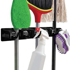 GORILLA GRIP Wall Mount Hook Fixture, Also Includes Slots to Hold Mop, Broom, Tools, Easy Install, Organize Cleaners, Tools, Home, Kitchen, Garage, 6 Hooks 5 Slots, Black, Set Of 2