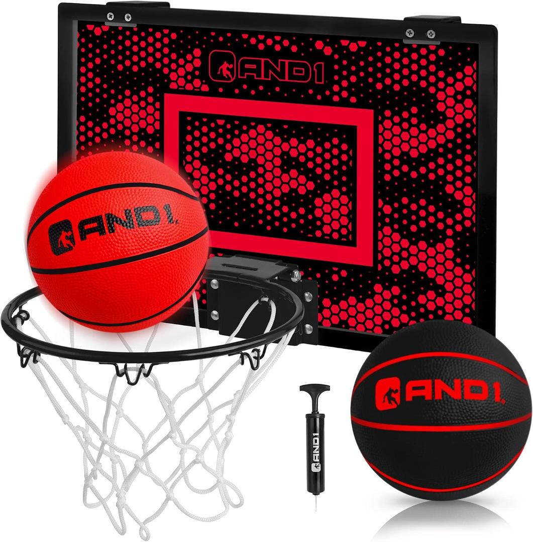 AND1 Over the Door Mini Basketball Hoop: 18x12 Shatterproof Backboard, 2 Mini Basketballs, and Hand Pump Included- Ultimate Indoor Basketball Accessory for Kids and Adults, No Tools Required