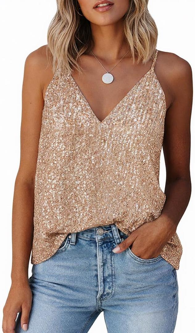 EUDOLAH Sequin Tops for Women Sparkle Camisole Shimmer Sleeveless V Neck Tanks Sexy Party Cami Going Out Outfits (L)