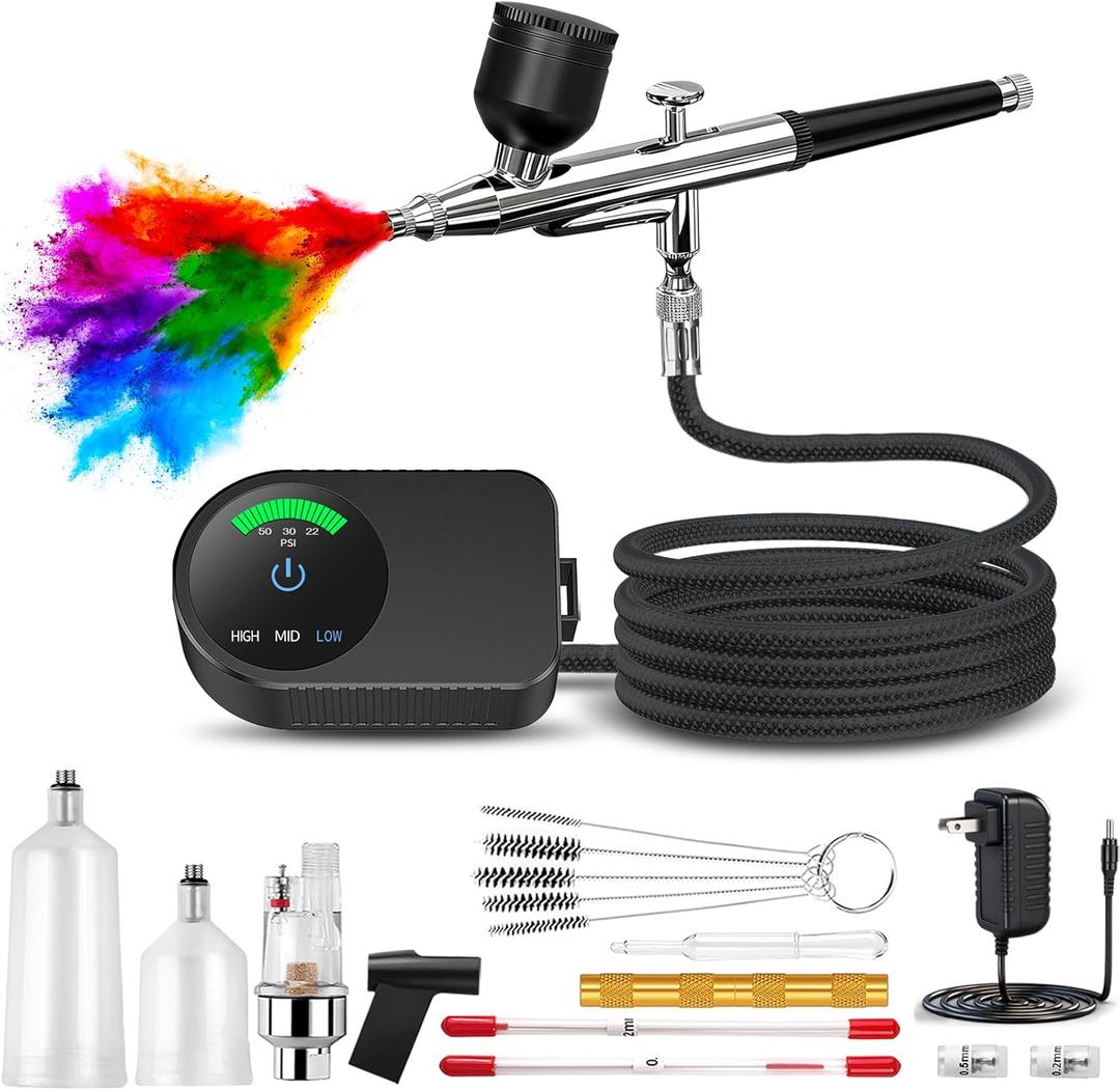 KingMiki Airbrush Kit with Air Compressor, 22/30/50 PSI High Pressure Air Brush Non-Clogging with 0.2/0.3/0.5mm Nozzle/Cleaning Sets, Ideal for Painting, Modeling, Cake Decor, Makeup, Nail Art