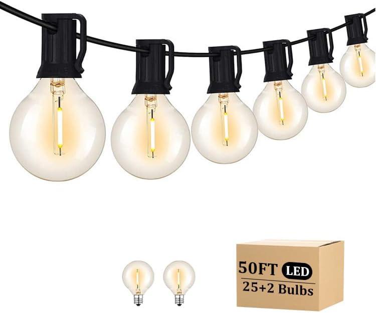 50FT LED Outdoor String Lights with 27 G40 Bulbs (2 Spare) Connectable Yard Hanging Lights for Party Tents Patio Gazebo Porch Deck Bistro Backyard Balcony Pergola Outside Decor