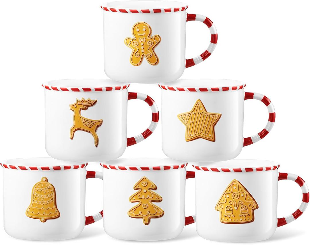 Vesici 6 Pcs Christmas Mugs Set 10 oz Xmas Ceramic Coffee Mug Candy Cane Handle Hot Cocoa Mug Gift for Hot Chocolate Coffee Holiday Mornings Winter Holiday Family Gift (Gingerbread House)