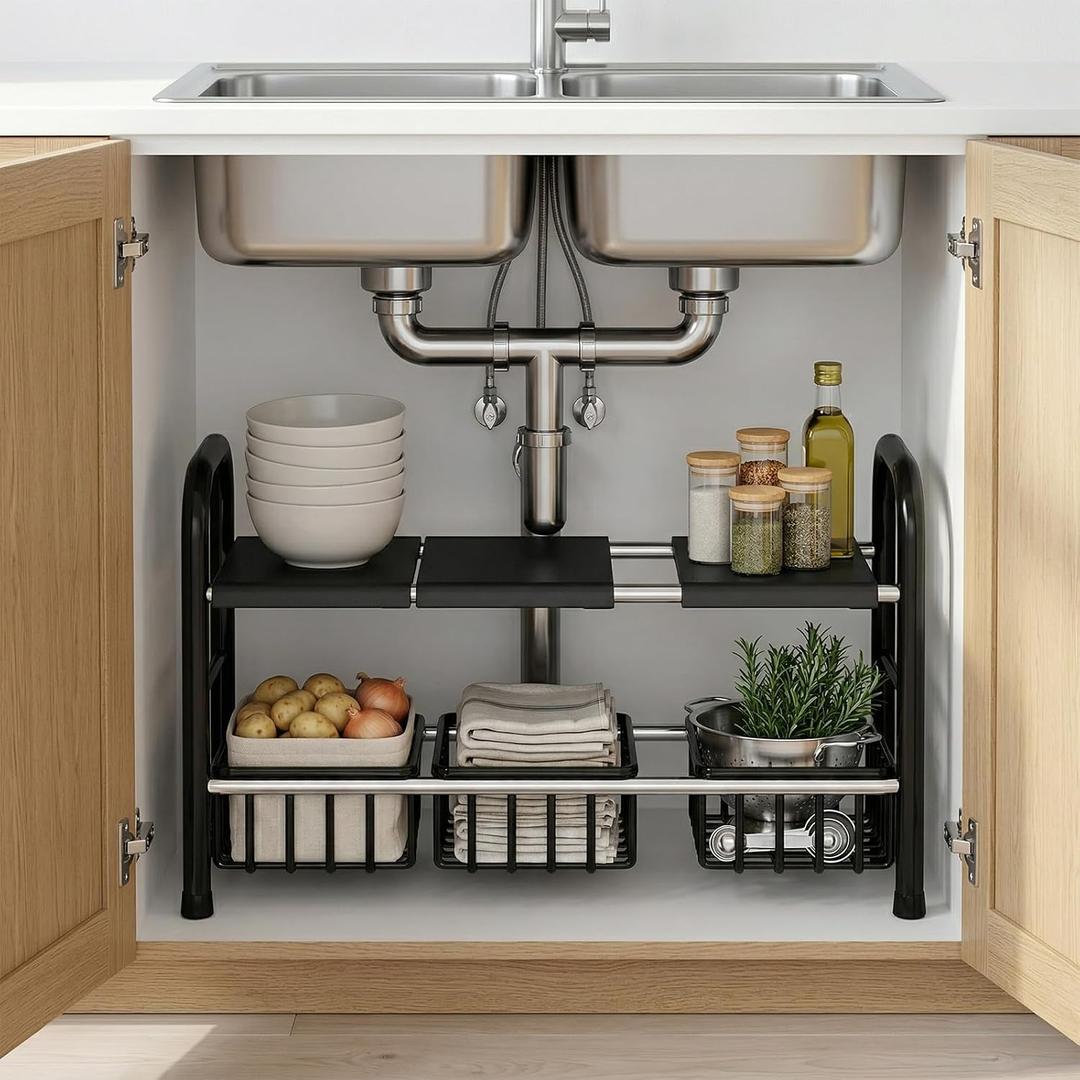 Under Sink Organizers and Storage, 2 Tier 20.9"-34.6" Expandable Length with 3 Removable Baskets and 3 Removable Panels Expandable Shelf for Cupboard,Kitchen,Bathroom, Black