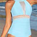 Tempt Me Women One Piece Swimsuit High Neck Plunge Ruched Tummy Control Bathing Suit (Blue, M)