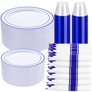 WELLIFE 700 Pcs Blue Plastic Plates for 100 Guests - Plastic Dinnerware Set, Party Supplies Includes 200 Blue Disposable Plates,300 Silverware,100 Napkins,100 Cups