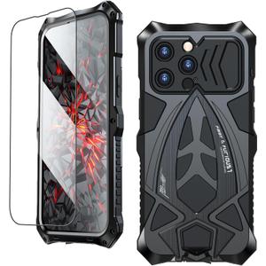 Armor Phone Case for iPhone 15 Pro Military Grade Drop Tested 360 Full Protection Cover Heavy Duty Hybrid Metal Bumper Built-in Silicone Shockproof Dustproof with Screen Protector - Black