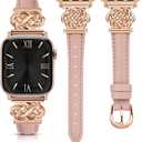 Minyee Celtic Knot Leather Band Compatible with Apple Watch Band 41/40/38/44/45/46/49/42mm Women, Slim Thin Dressy Premium Leather Adjustable Strap for iWatch Series 11 10 9 8 7 6 5 4 SE/Ultra 3 2 1 (Pink/Rose Gold)