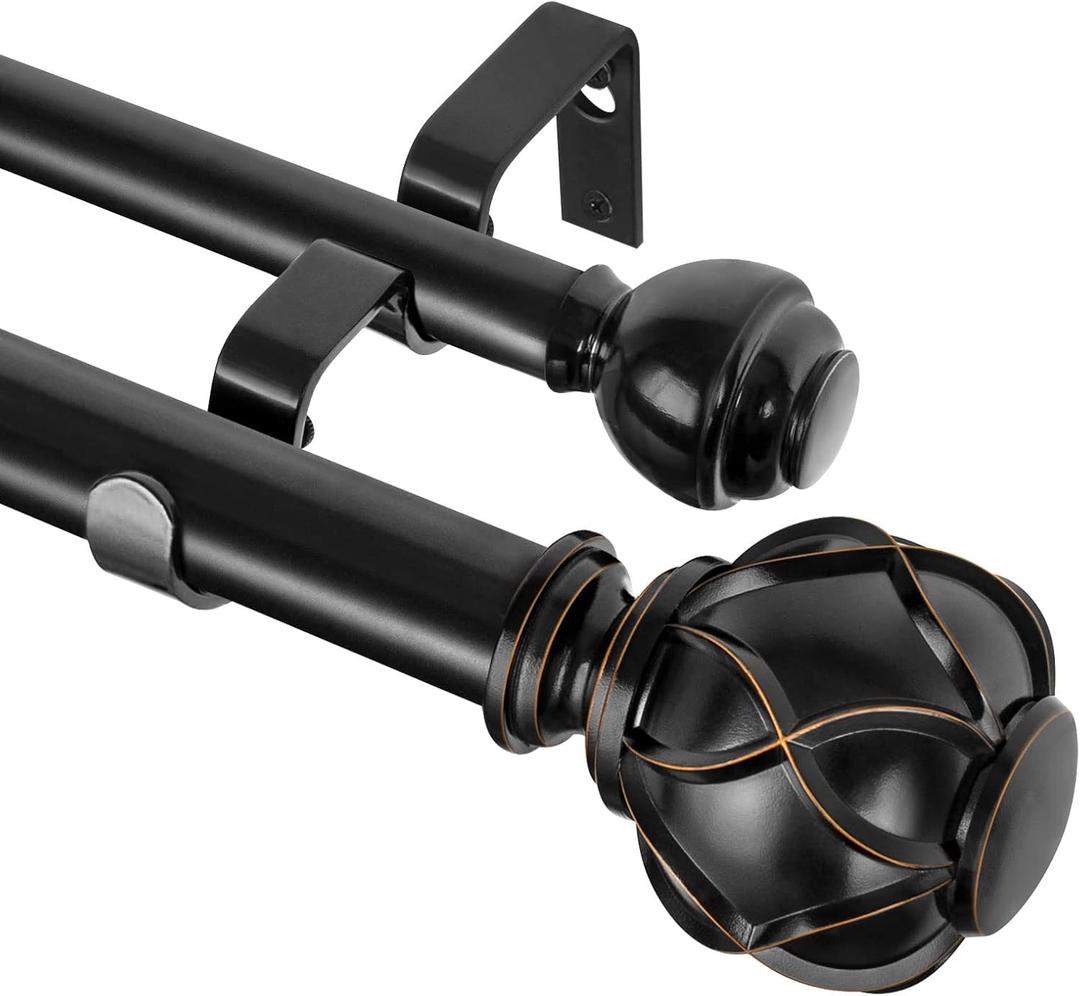 KAMANINA 1 Inch Double Curtain Rods for Windows 72 to 144 Inches (6-12 Feet), Black Heavy Duty Double Curtain Rod, Telescoping Drapery Rod with Netted Texture Finials