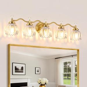 5-Light Bathroom Light Fixtures, Vanity Lights for Bathroom, Wall Lights for Mirror | Clear Glass Shade | Bulbs Not Included | Brushed Gold