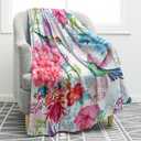 Jekeno Hummingbird Floral Blanket Bird Colorful Flowers Print Gifts for Women Kids Girls Mom Bedroom Living Room Birthday Mother's Day Decor Soft Cozy Plush Throw Blanket 50"x60" (White Pink)