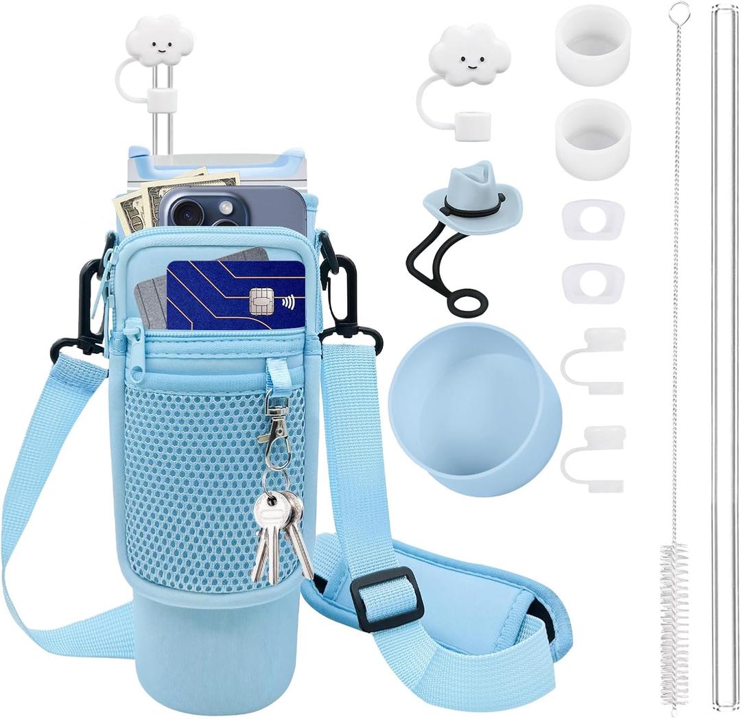 12PCS Accessories for Stanley Cup 40 oz / 30 oz Tumbler with Handle, Including Cloud Straw Cover Cap, Replacement Straw, Boot, Quencher H2.0 Spill Stopper, Cleaning Brush, Holder with Strap (Blue)