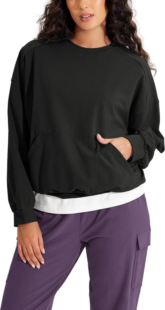 ODODOS Purevibe Cotton Oversized Sweatshirts, Women's Crew Neck Long Sleeve Pullover Tops with Kangaroo Pocket, Black, Small (Black, S)
