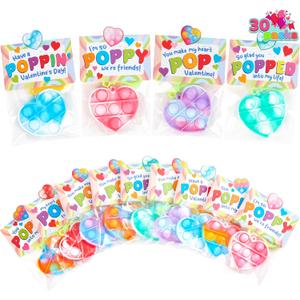JOYIN 30 Packs Gift Cards with Heart Pop Bubble Keychain, Mini Pop Squeeze Toys, Stress Relief Fidget Toys for Kids Party Favors, Classroom Exchange and Game Prizes