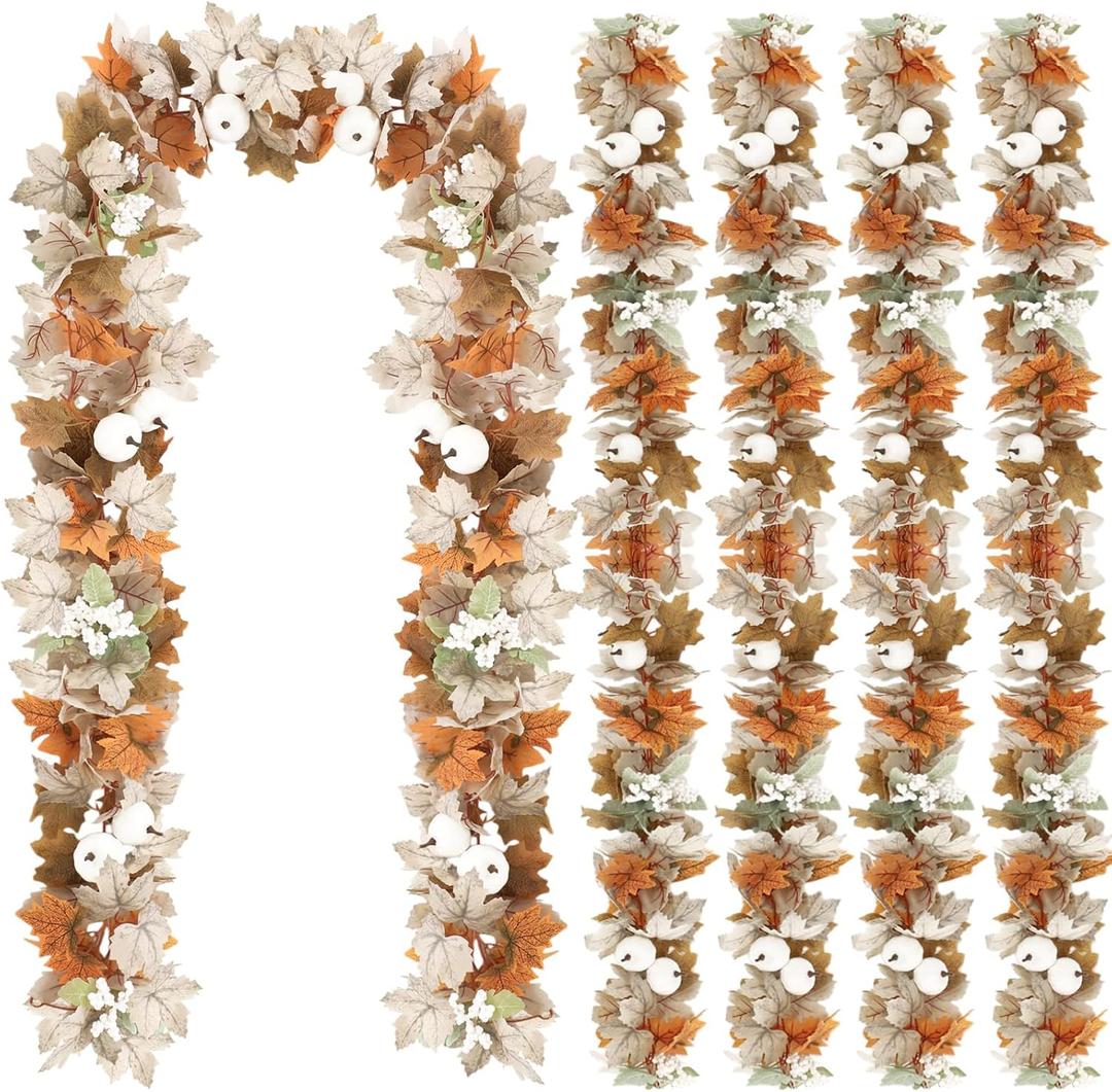 4 Pcs Fall Garland Fall Decor 9ft Autumn Maple Leaves Pumpkin Berry Garland Thanksgiving Halloween Mantle Fireplace Farmhouse Harvest Decorations for Home Mantle Fireplace Porch Table (White)