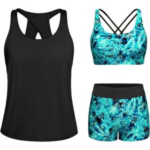 Tempt Me 3 Piece Tankini Swimsuits for Women Athletic Bathing Suits Swim Tank Top with Boy Shorts and Bra Modest Swimwear (Large, Green Paisley)