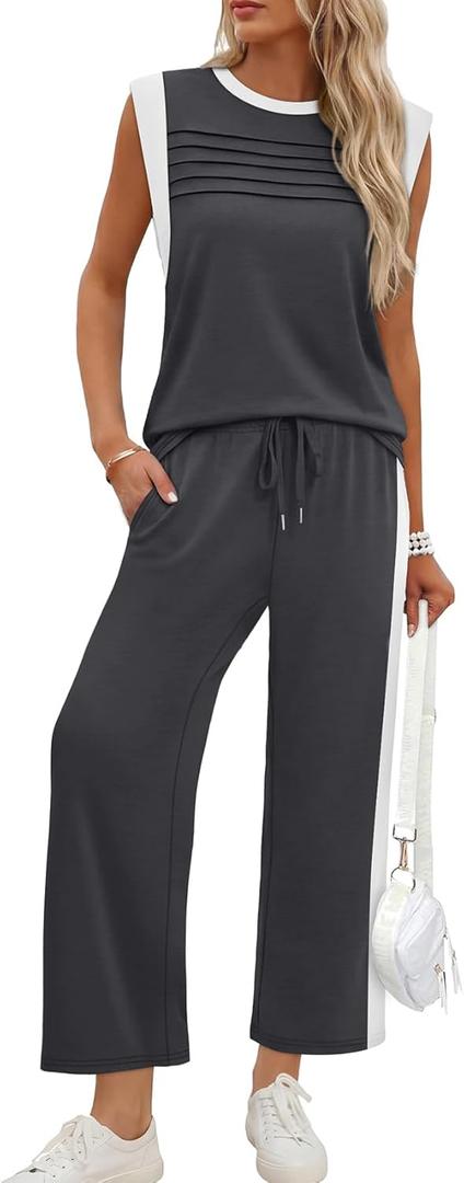 WIHOLL Two Piece Sets for Women Summer Spring Lounge Sets Travel Vacation Outfits Cap Sleeve Side Slit Wide Leg Pants XL