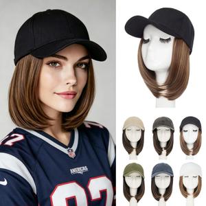 Rich Choices Hat Wigs for Women,Black Baseball Cap with Hair Extensions for Women,Short Bob Hairstyle Caps with Hair Attached Adjustable Baseball Cap Wig 6 Inch-Highlighted Dark Brown Hair
