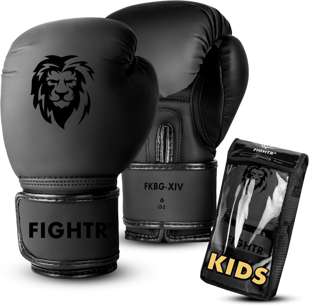 FIGHTR Kids Boxing Gloves and More Stability | Junior Boys and Girls | Boxing, MMA, Muay Thai, Kickboxing & Martial Arts 04 06 oz | incl. Carry Bag (Black)