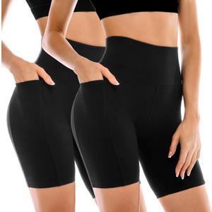 2 Pack Womens Biker Shorts with Pockets, High Waisted Yoga Shorts for Women Running Gym and Workout (Small-Medium, Black/Black)
