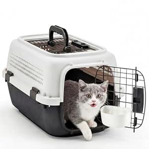 NEWBULIG 23" Hard-Sided Dog Carrier, Plastic Cat & Dog Crate, 4-Sided Ventilation Travel Pet Kennel, Top & Front Door Access, Integrated Food Bowl, for Small Pets up to 22 lbs, White & Black