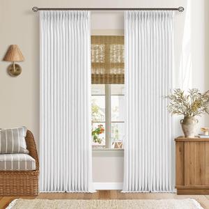 Pinch Pleated Linen Curtains 105 Inches Long for Living Room 2 Panels Set Memory Trained Pleat Drapes Back Tab Light Filtering Neutral Boho Ceiling Floor 105 Inch Length Window Curtains Snow White