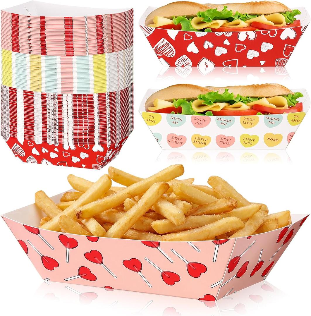 Yinkin 100 Pack Heart Paper Food Trays 2 lb Snack Trays Disposable Hot Dog Tray, Heart Paper Food Nacho Boat for Valentine's Day Parties, Picnics, Carnivals, Holds Tacos, Fries, Grease Resistant