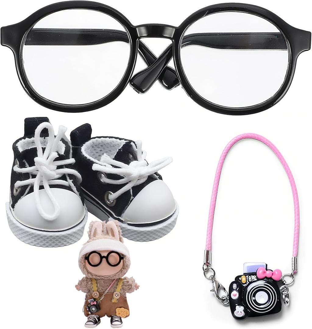 2 x Doll Accessories Set for Labubu Included Mini Glasses, Camera and Mini Shoes, Dress Up Accessories for 17cm, Mini Costume Supplies (Black)