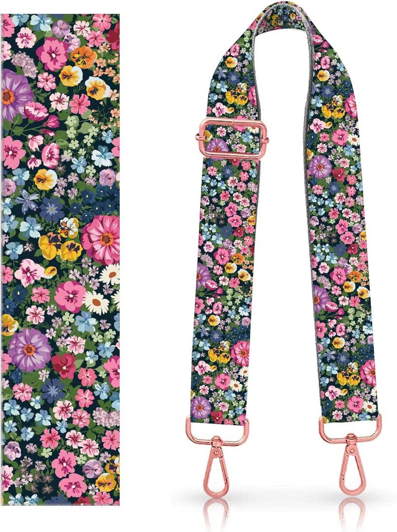 Purse Strap Replacement Crossbody, 1.5" Rose-Golden Buckle Wide Shoulder Strap Adjustable, Cute Handbag (Colorful Cute Flowers)