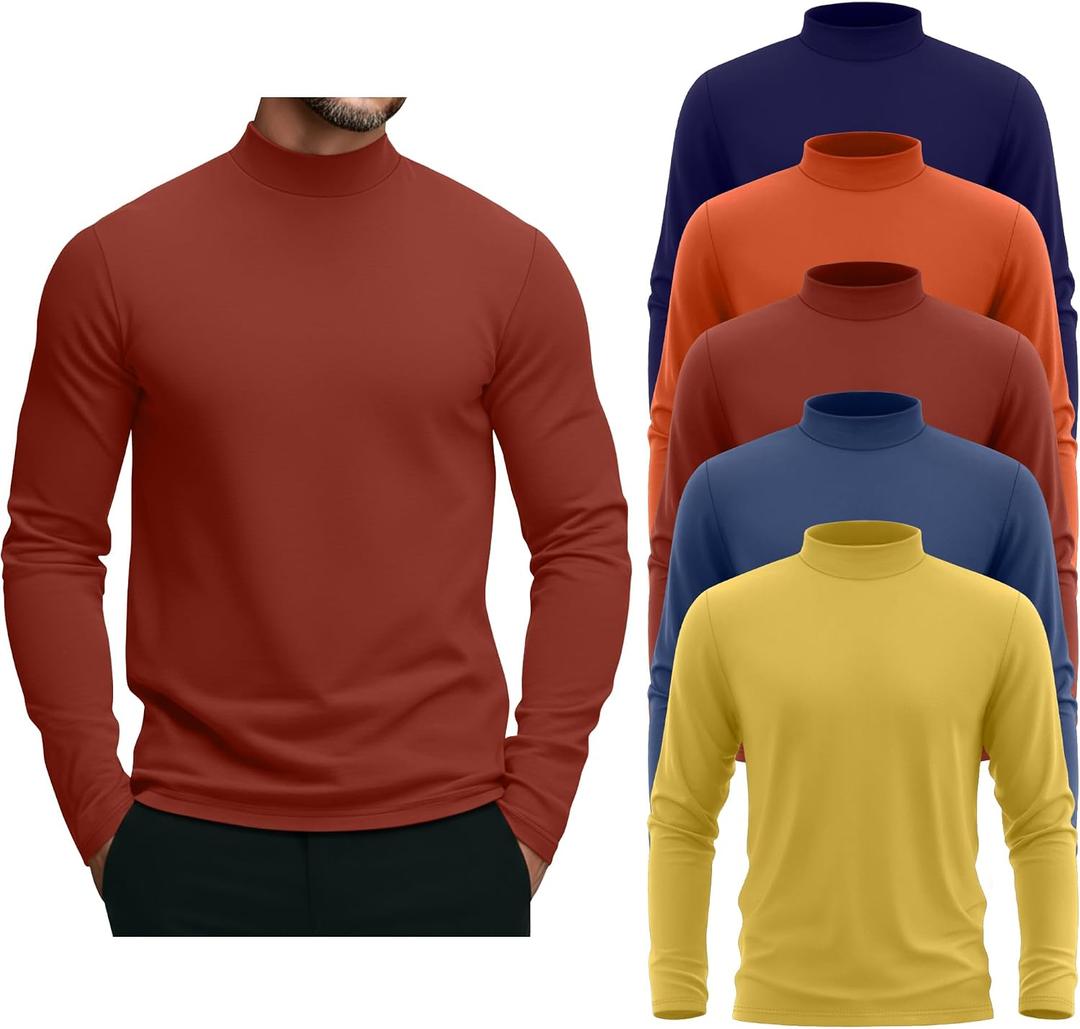 August Alley 5 Pack Men's Mock Turtleneck Shirts, Long Sleeve Tops Pullover Basic Casual Slim Fit Lightweight T-Shirts Pack (M)