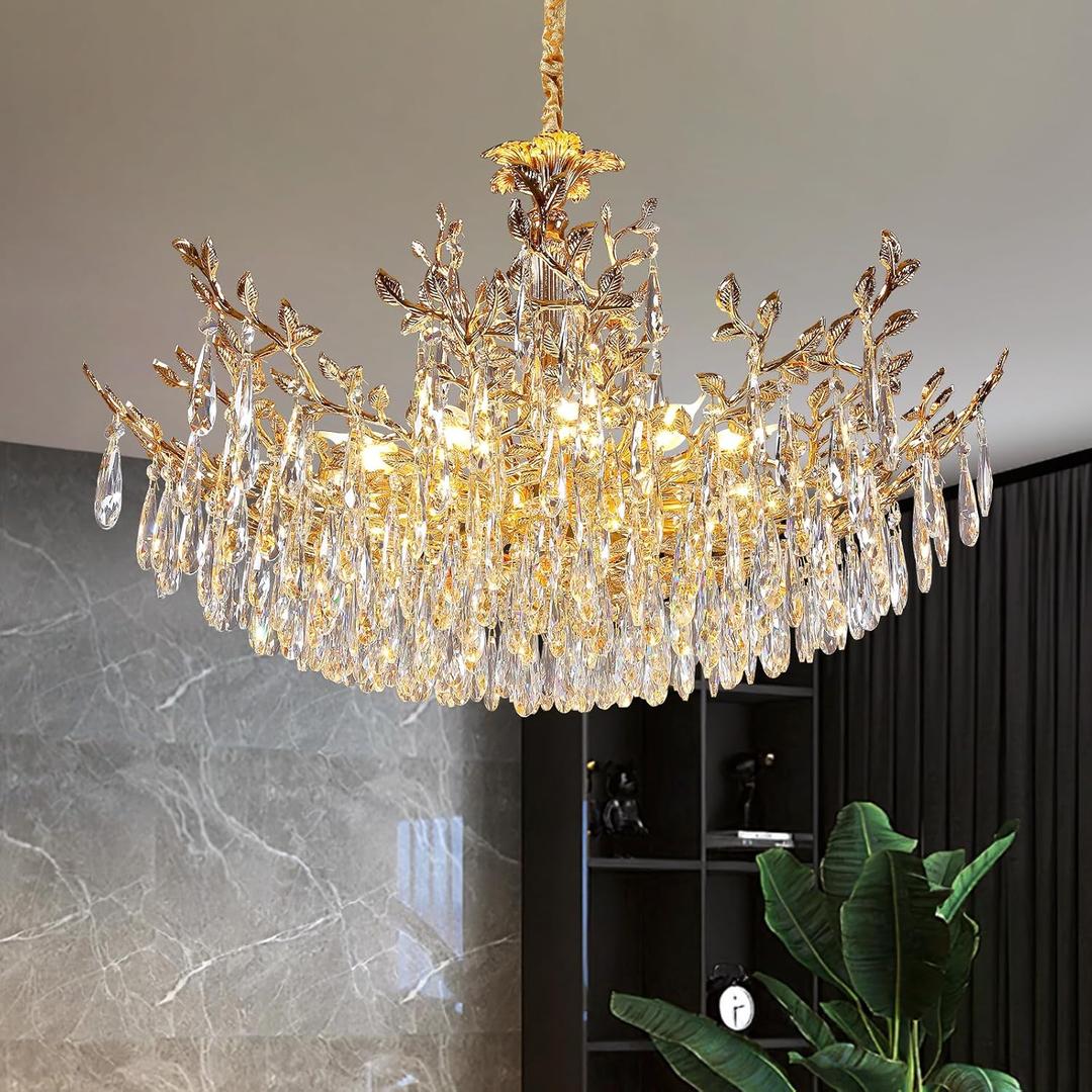 ziidoo Modern Lights Gold Crystal Chandelier 33.5 inch LED 12 Lamps Tree Branch Raindrop Hanging Pendant Ceiling Light Fixture Chandeliers for Living, Dining Room, Kitchen Island, Bedroom