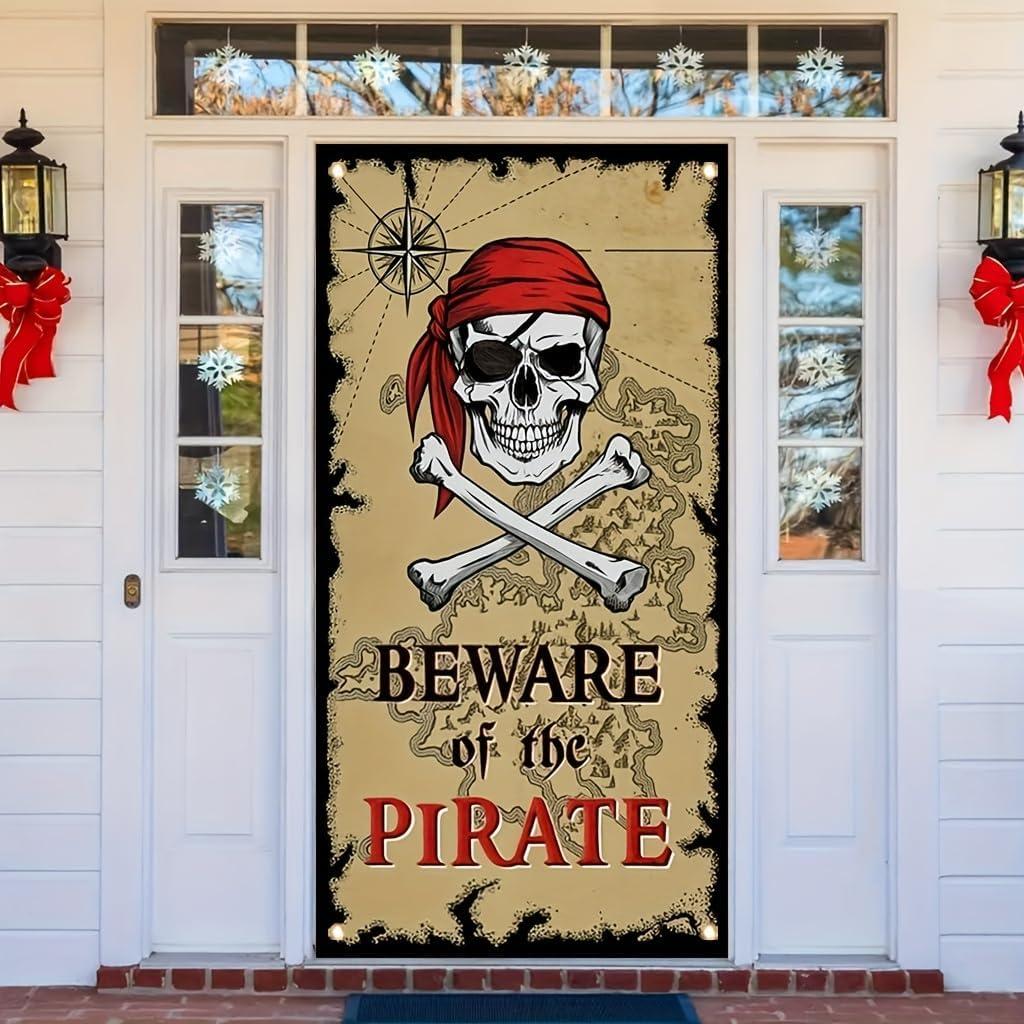 Pirate Door Cover Banner Beware of the Pirate 71x35 Inch Party Door Sign for Front Door Skull Map Design Door Cover for Halloween Theme Party Outdoor Decor