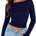 ForeFair Long Sleeve Shirt for Women Going Out Top Crop Boat Neck Double Lined Basic T Shirts (Navy Blue,XS) 