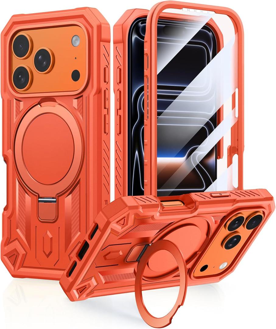 FNTCASE for iPhone 17 Pro Case: Magnetic Phone Cases with [Ring Kickstand] [Built-in Screen Protector] [Heavy Duty Military Grade Protection] Drop Protective Rugged Hard TPU Cell Phone Cover Orange