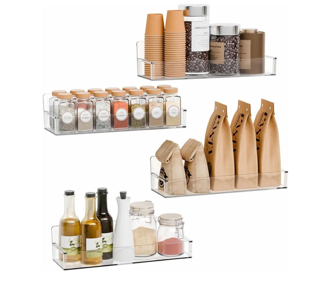 Adhesive Acrylic Spice Rack Organizer for Wall with 2 Nano Double Sided Tape, Spice Shelf Organization for Kitchen Cabinet Door/Pantry Door, Wall Mount Seasoning Rack (Clear-4 Pack)