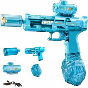 Electric Water Gun for Adults Kids, Transparent Automatic Squirt Watergun with Water Spray Sound and Led Lights, Summer Outdoor Water Pistol Pool Beach Party Toys for Boys Girls, Blue