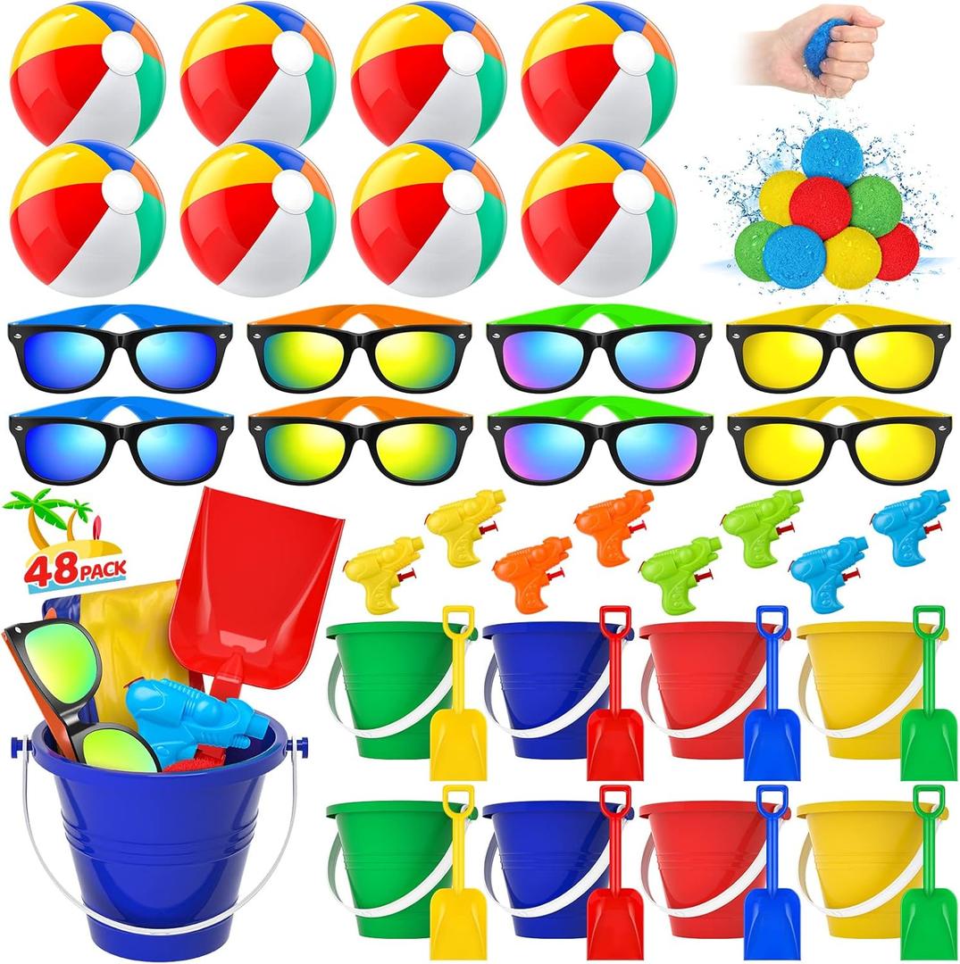 Pool Party Favors Beach Party Favors - 48 PCS Pool Toys For Kids Ages 3-8 Beach Balls Bulk, Sand Bucket and Shovels Set, Kids Sunglasses Bulk, Beach Summer Toys, Pool Party Supplies,Sand Toys
