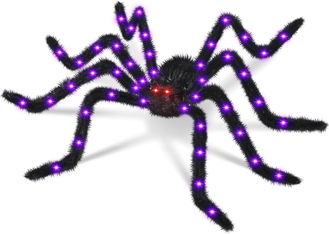 Halloween Decorations 4.9 FT Giant Spider 38LED Light up Black Hairy Scary Fake Spider with Red Lighted Eyes Battery Operated Party Haunted Yard House Indoor Outdoor Decor, Black