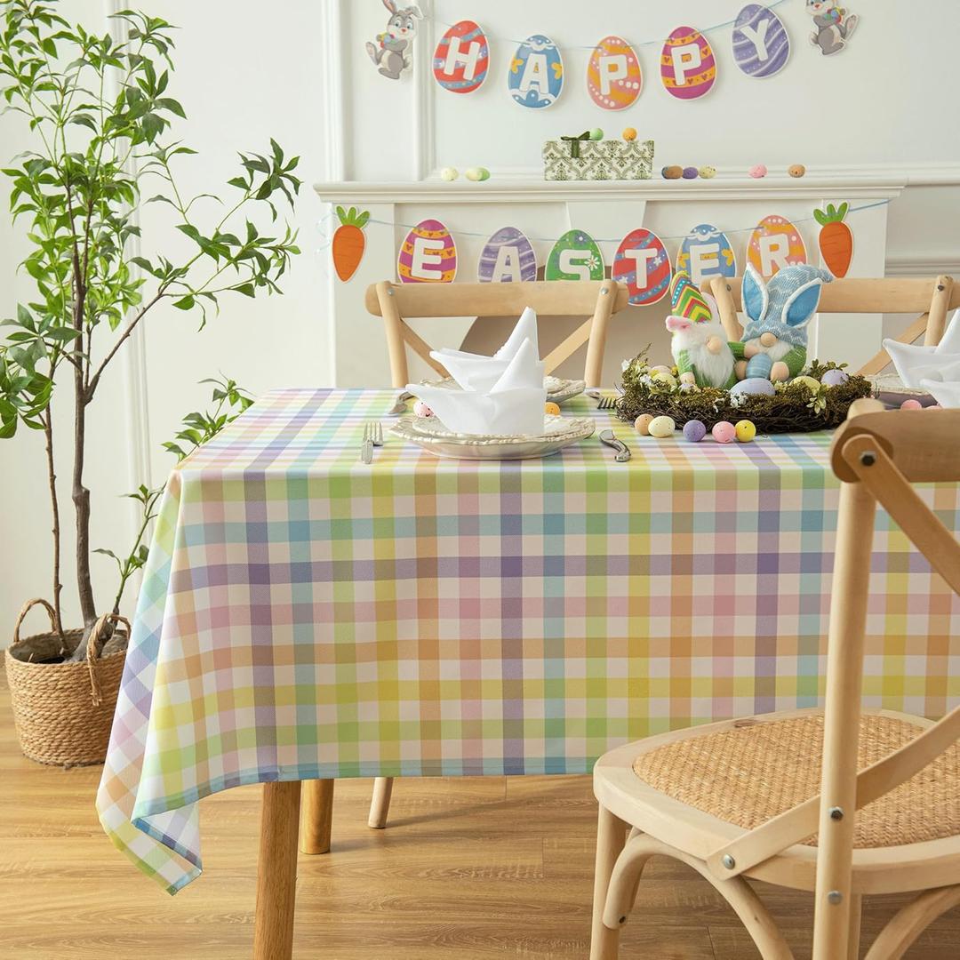Gingham Easter Tablecloth Fabric - Colorful Oblong 58x120 Water Resistant Farmhouse Plaid Table Cloth for Indoor/Outdoor Use - Easter Gifts Perfect for Birthday, Picnics, Gardens