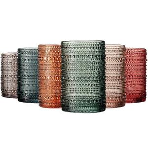 Khen Hobnail Beaded Highball Drinking Tumbler Glasses | Set of 6 | Color, Vintage Bubble Design Whiskey Glassware, Old-Fashioned, Embossed Design for Water, Wine, Cocktail Embossed, Rocks Glass