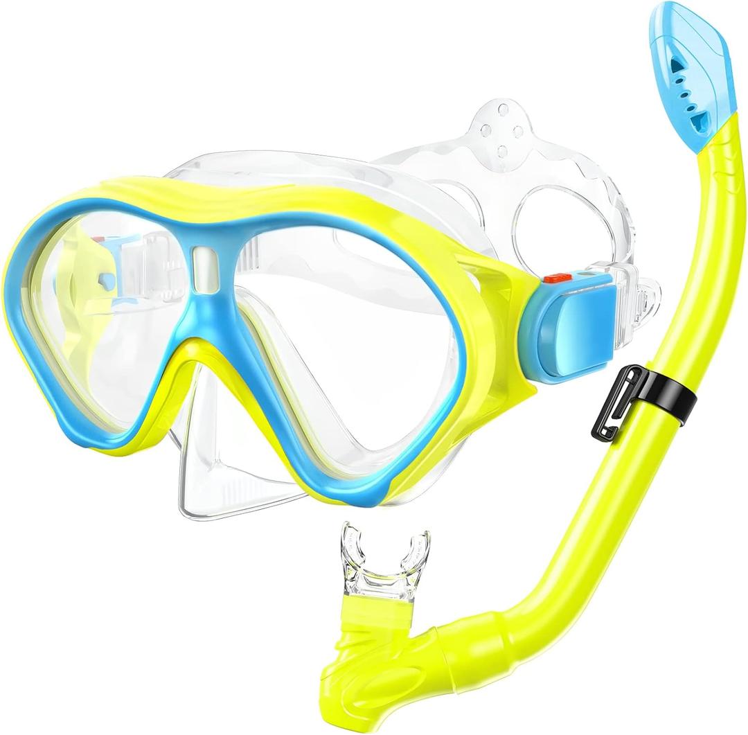 Gintenco Kids Snorkel Set, Diving Mask for Children as Unisex Kids Swimming Goggles, Anti-Fog Diving Mask and Dry Top Snorkel Combo Set for Junior and Youth (Yellow/Blue)