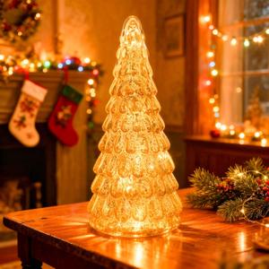 Mercury Glass Christmas Tree Tabletop Decoration, 12 inches Tall  Gold Blown Glass LED Christmas Tree  Indoor Holiday Light Decoration