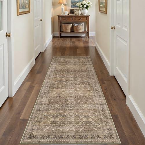 HUGEAR 2x6 Runner Rug Hallway Vintage Brown Machine Washable Retro Floral Low Pile Carpet Vacuumable Distressed Long Throw Rug Bedroom Office Bathroom Kitchen Laundry Non Slip Soft Lightweight