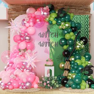 Pink and Green Witch Party Decorations,164 Pcs Light Pink Deep Green Black Balloon Arch Kit with Iridescent Exploding Star Balloons for Princess Witch Birthday Party Fairy Wonderlad Party Supplies
