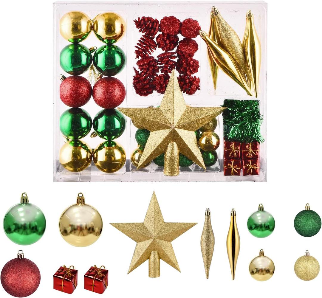 50pcs Red Green Gold Christmas Ball Ornaments Set, Shatterproof Christmas Tree Decorations Balls, Bolas De Navidad, Christmas Baubles, Tree Topper, Christmas Decorations Indoor for Home Party Gift