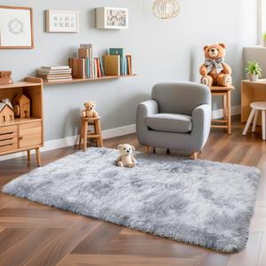 Thick Area Rug Light Grey Fluffy Shag 3x5 for Bedroom, Soft Plush Fuzzy Shaggy Carpet, Thickened Washable Non Slip Cozy Furry Rugs for Living Room, Kids Baby Nursery Dorm, Tie-Dye Gray