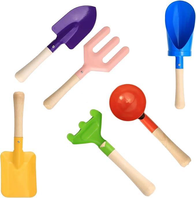 UMUACCAN 6 Piece Kids Beach Tools,Children Beach Sand Toys, Made of Metal with Sturdy Wooden Handle,Safe Beach Gardening Set,Spoon, Fork, Trowel, Rake & Shovel for Kids