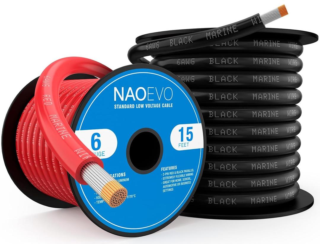 NAOEVO 6 Gauge Marine Wire, 6 AWG Tinned Copper PVC Marine Grade Wire, IP68 Waterproof/Corrosion-Resistant Electrical Cable for Boat, RV, Automotive, Solar, Trolling Motor (15 ft Black + 15 ft Red)