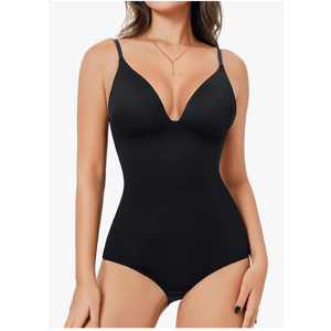 Women's Plunge Deep V Neck Bodysuits with Built in Bra Sleeveless Double Lined Body Suits Tops Size L