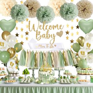 Baby Shower Decorations - Sage Green Balloons Welcome Baby Banner, Cake Topper, Paper PomPoms, Tassels, Star Banner Decor for Baby Shower Decorations Neutral Gender Reveal Party Supplies